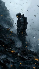 Armored sentinel on volcanic ridge in dynamic cyberpunk storm.