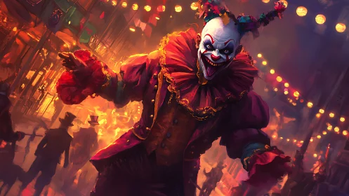 Sinister carnival clown lunges forward under burning lights