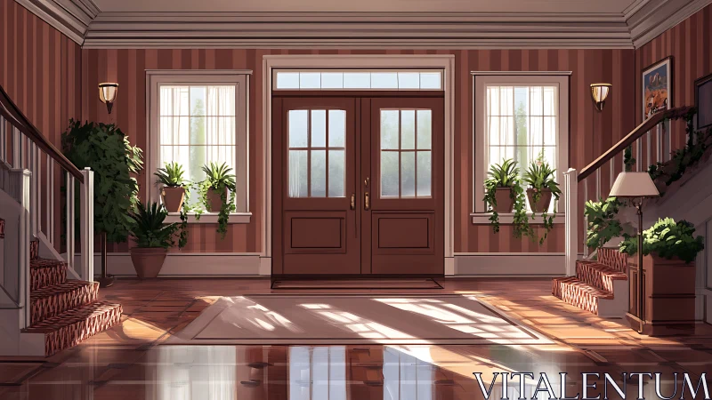 Sunlit foyer of twin staircases wrapped in leafy calm.