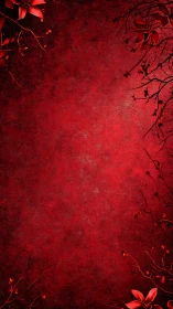 Crimson botanical silhouettes on textured red backdrop.