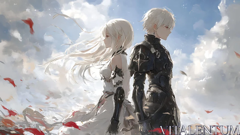Anime warrior duo under windswept sky in contrast armor.