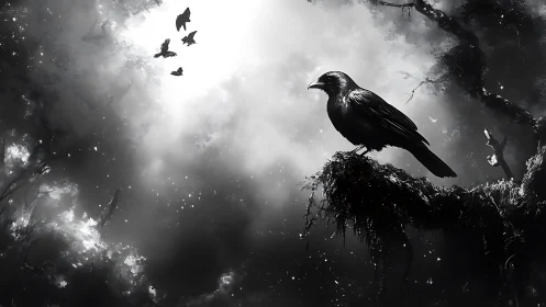 Crow perched on moss-covered stone with flying birds.