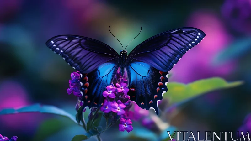 Glimmering blue butterfly rests gently on glowing purple blooms