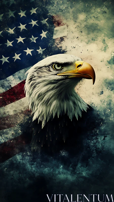 High-contrast bald eagle portrait over distressed US flag