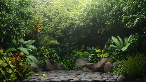 Lush Jungle Oasis With Emerald Canopy and Stone Path.