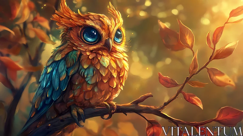 Whimsical Big-Eyed Owl on Autumn Branch in Dreamy Digital Art.