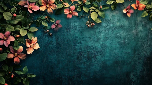 Coral Blooms Waltz Against Teal Velvet Canvas