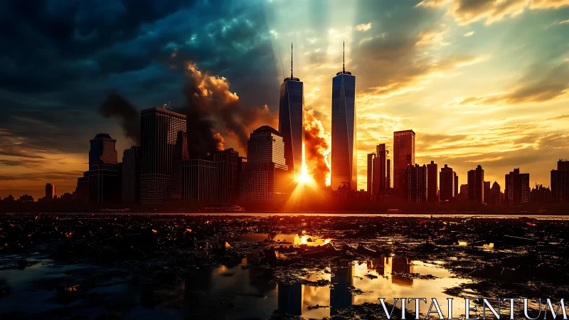 Twin-tower skyline at incendiary sunset with reflective shore.
