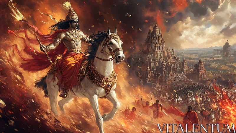 Flame-clad warrior rides a storm of myth over burning empire.