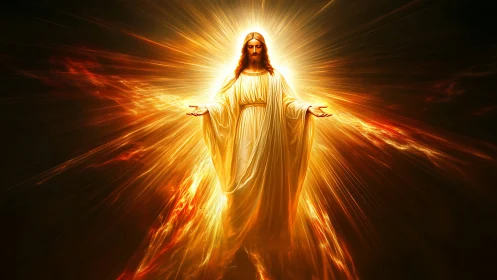 Radiant robed figure walking from a sunburst of golden light.