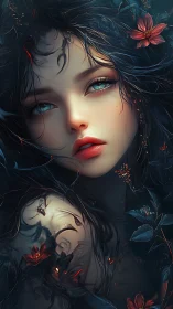 Ethereal floral portrait merges luminous skin and dark foliage