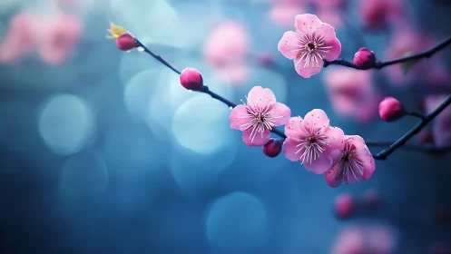 Pink blossom branch against soft blue bokeh background.