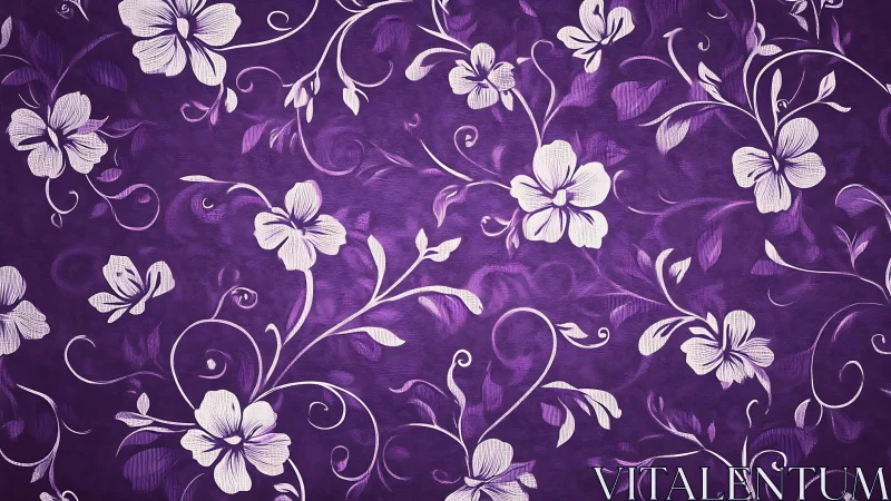 Purple Floral Scroll Pattern with White Ornamental Blooms.