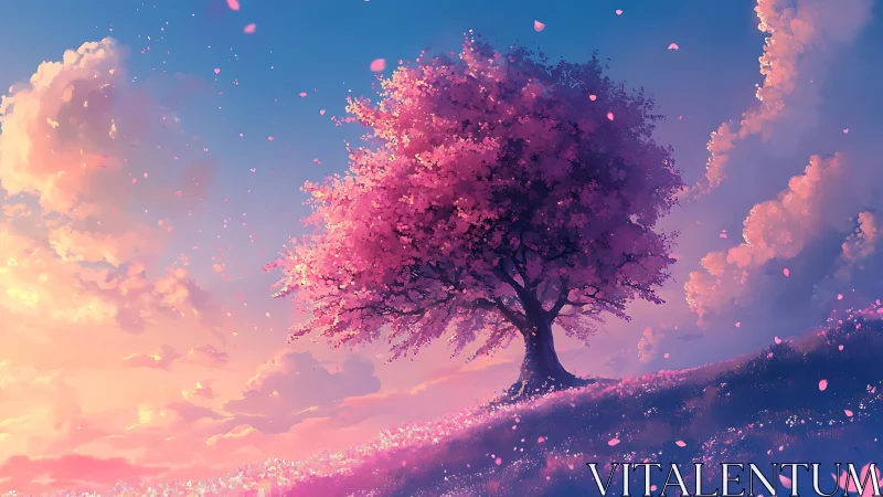 Solitary pink-blossomed tree on slope under colored sky.