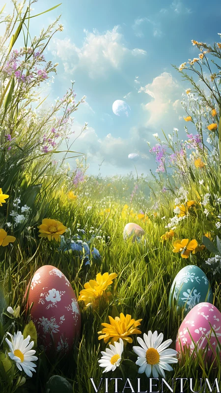 Decorated Easter eggs rest in bright wildflower meadow