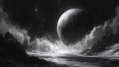 Monochrome exoplanet rises over cratered ice plateau