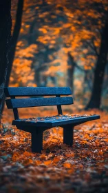 Isolated park bench in shallow depth autumn woodland scene