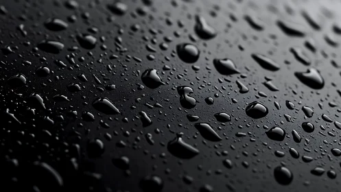 Water droplets rest on a dark reflective surface in close view