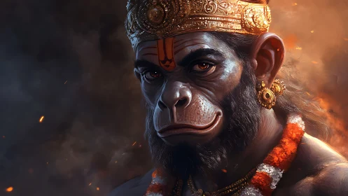 Simian-faced crowned figure in detailed digital portrait.