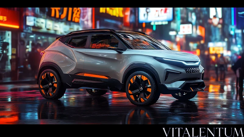 Futuristic compact SUV concept in neon city street at night.