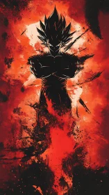 Silhouetted warrior in red energy storm, bold inked aura.