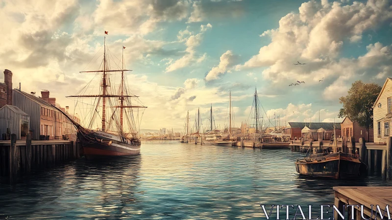 Tall ship moored in calm historic harbor at sunset light.