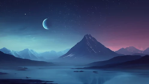 Crescent moon above glacial mountain range in luminous twilight