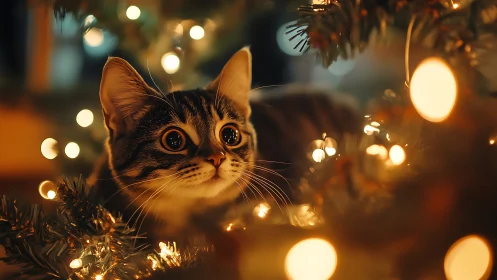 Wide eyed kitten glowing in cozy holiday tree lights.