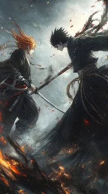 Samurai duel intensifies amid swirling fire and storm winds