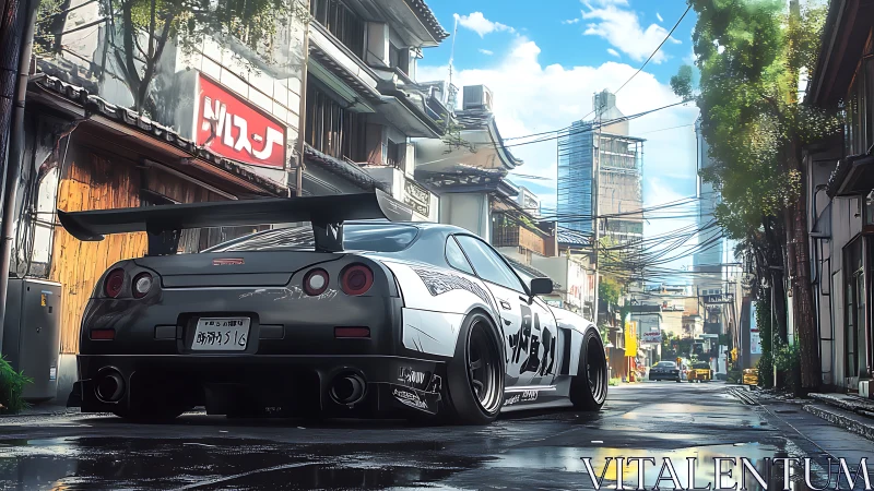 Tuned sports car in sunlit Japanese backstreet scene.