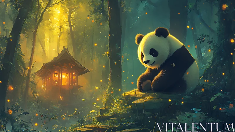Dreamy forest panda guarding a lantern-lit woodland shrine.