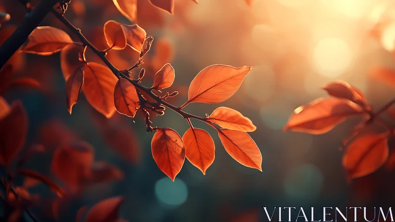 Autumn leaves on branches in soft sunlight, dreamy bokeh style.