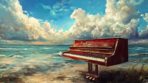 Weathered red piano on coastal shoreline under cumulus sky.