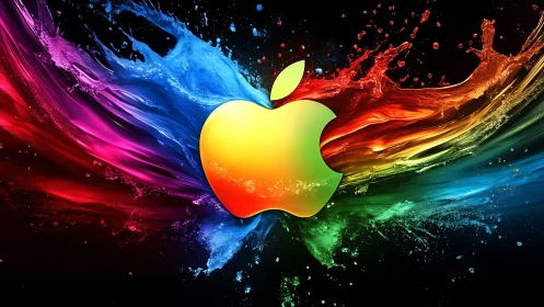 Chromatic apple emblem amid high-energy liquid splash dynamics