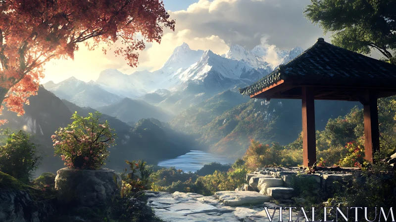 Mountain shrine dreams beneath autumn-crimson canopies.