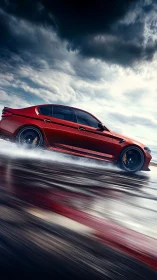 Crimson sports sedan slicing through stormy racetrack rain.
