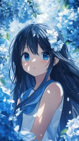 Blue-eyed anime girl among luminous hydrangea blossoms.