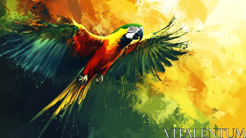 Vibrant macaw in flight, digital painting with expressive brushstrokes.