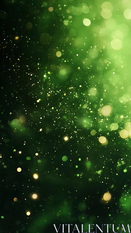 Emerald bokeh particles drift through luminous green haze.
