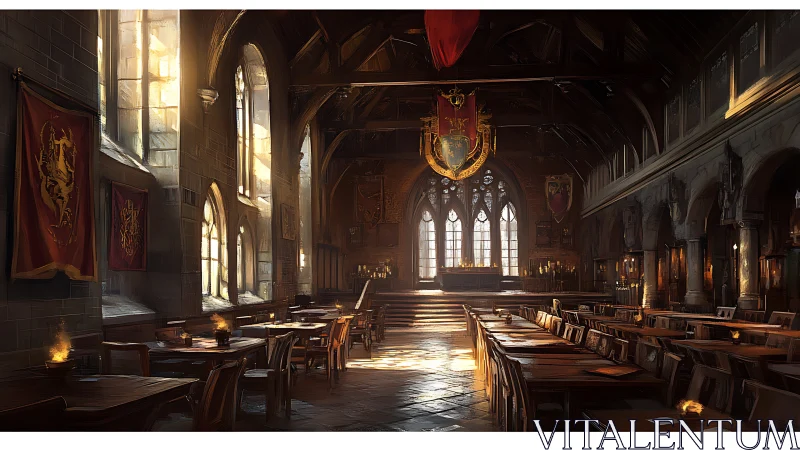 Medieval-inspired great hall interior with wooden tables.