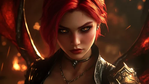 Demonic warrior portrait with fiery gaze and red wings.
