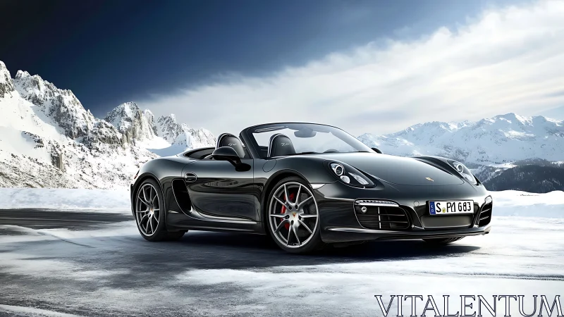 Black convertible sports car on icy alpine plateau under clear sky