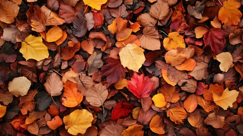 Colorful autumn leaves form dense carpet on forest floor