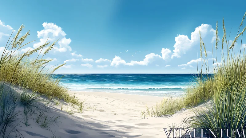 Sunlit sandy path opening onto a calm, inviting ocean view.