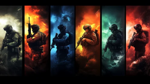 Five armored soldiers stand in colored elemental smoke columns