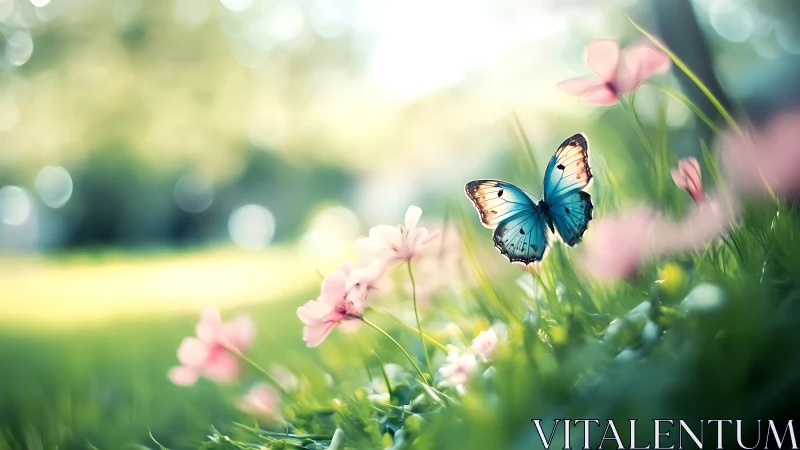 Blue butterfly on grass amid pink flowers in soft daylight.