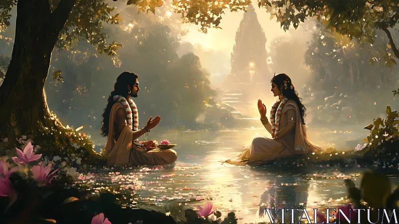 Sacred river meeting bathed in soft golden morning light.