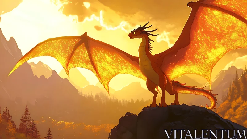 Fiery mountain dragon spreads glowing wings at sunset.
