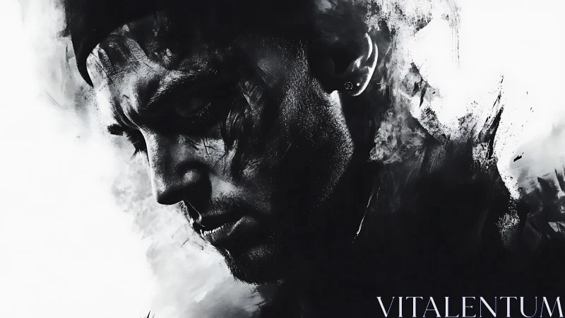 Monochrome profile study depicts a man in partial shadow