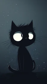 Midnight cartoon cat with oversized eyes in starry gloom.